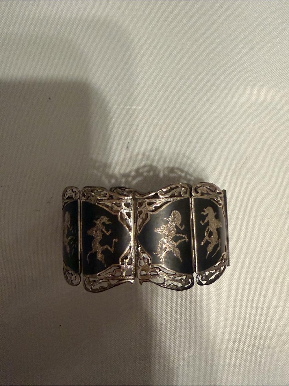 Vintage Siam Sterling Silver Niello Panel Bracelet 49g 6.75” Thailand
